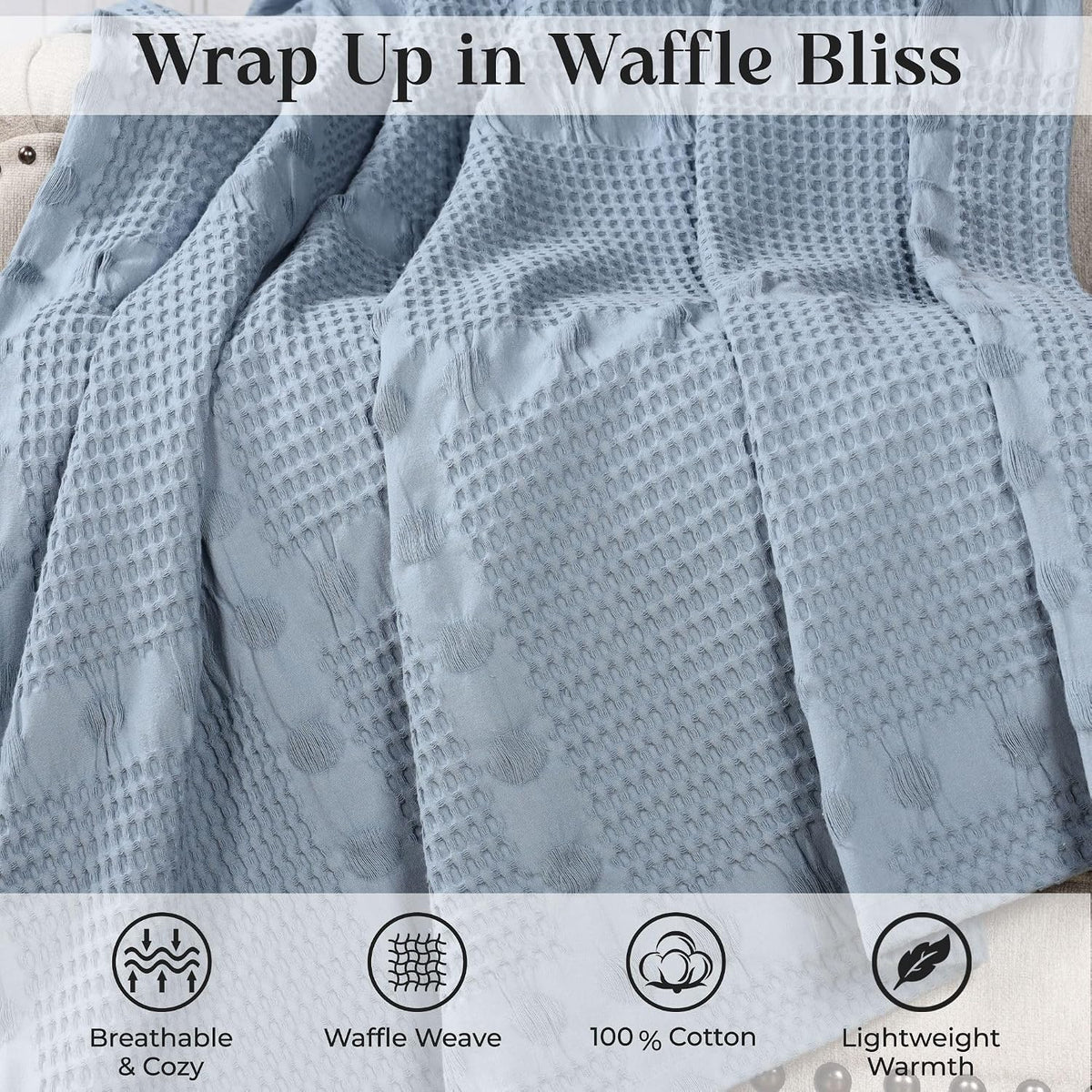 SUPERIOR Waffle Weave Cotton Blanket, Comfy Blanket for Bedroom Decor, Picnic, Beach, Traveling, Bedding Essentials, Bed Cover, Couch, Lounging, Geometric Design, Mai Collection, Twin, Light Blue