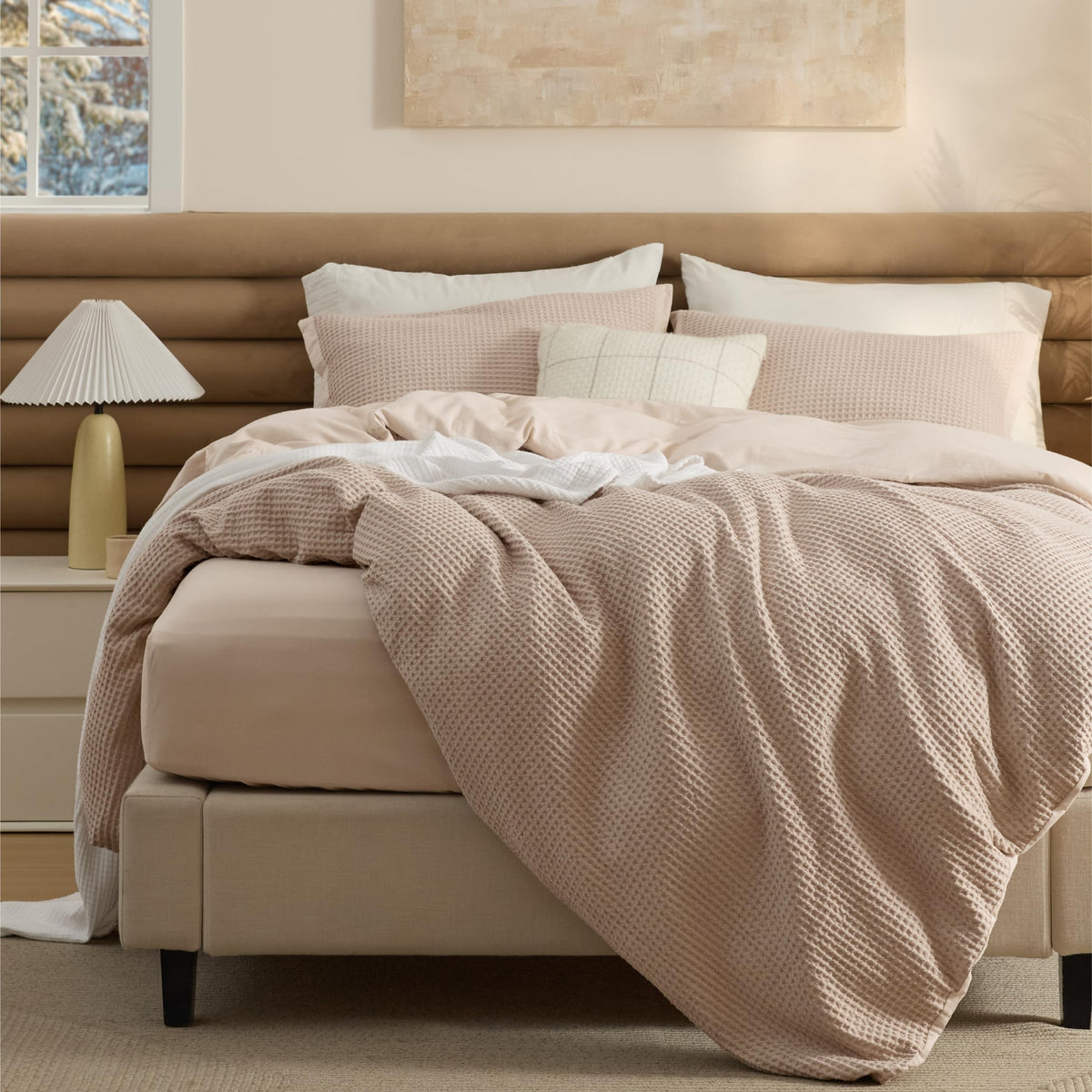 Bedsure PureWoven 3 Pieces 100% Cotton Waffle Duvet Cover Set, Queen, Linen