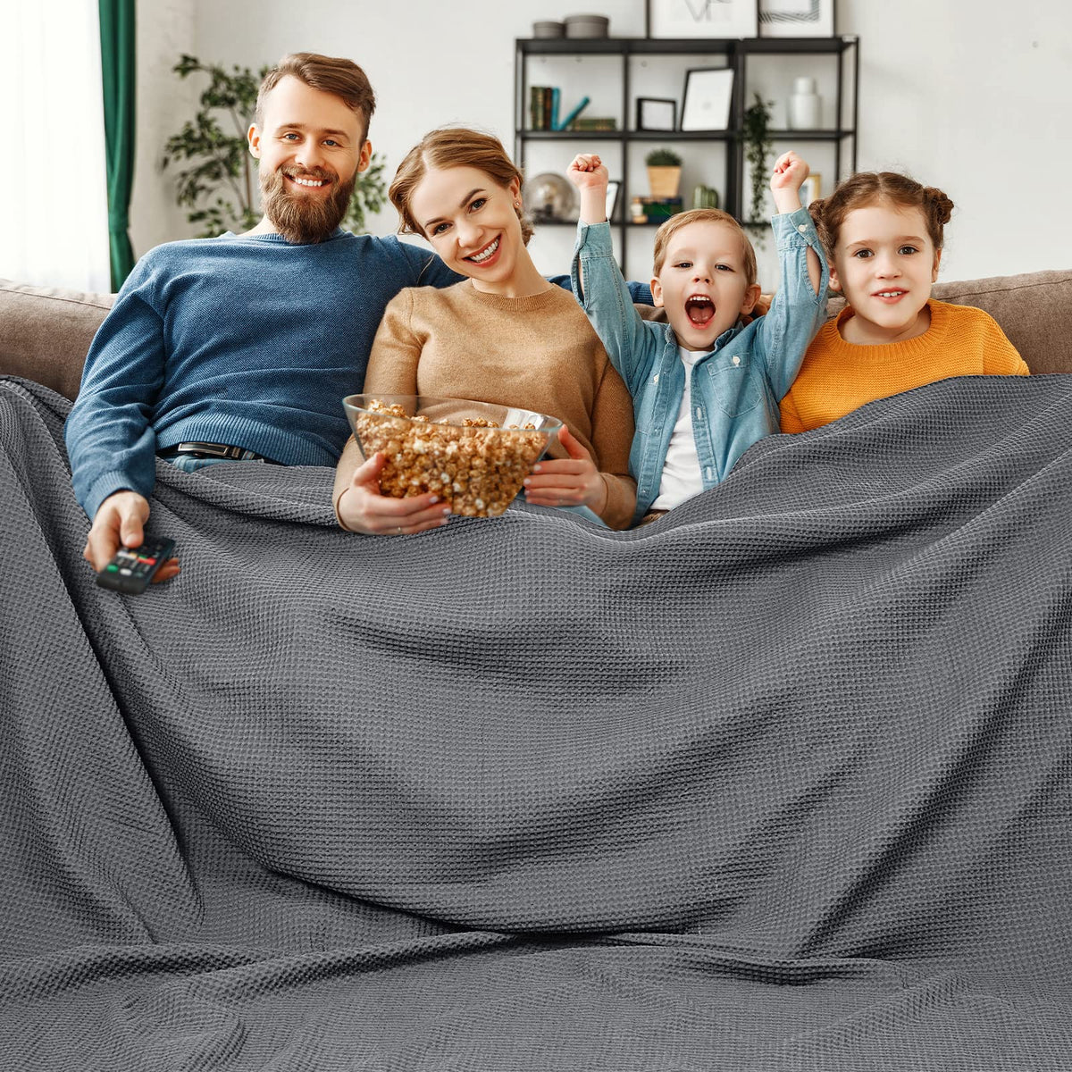 PHF 100% Cotton Waffle Blanket Lightweight Breathable, Queen Linen/Stone
