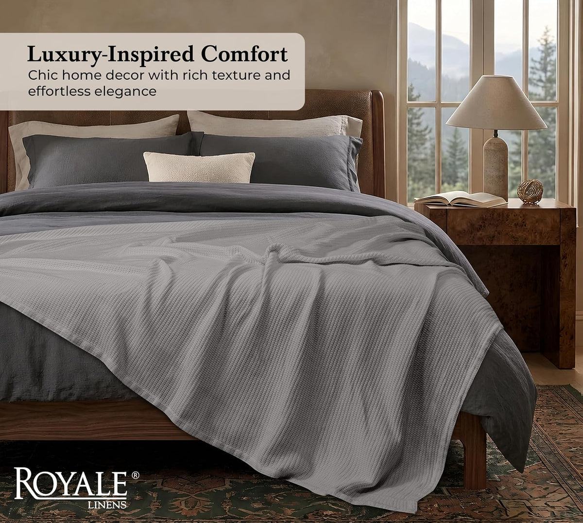 ROYALE LINENS Cotton Waffle Blanket - Breathable and Soft, Lightweight and Cozy Waffle Weave Bed Blanket for All Season (King, Monument)