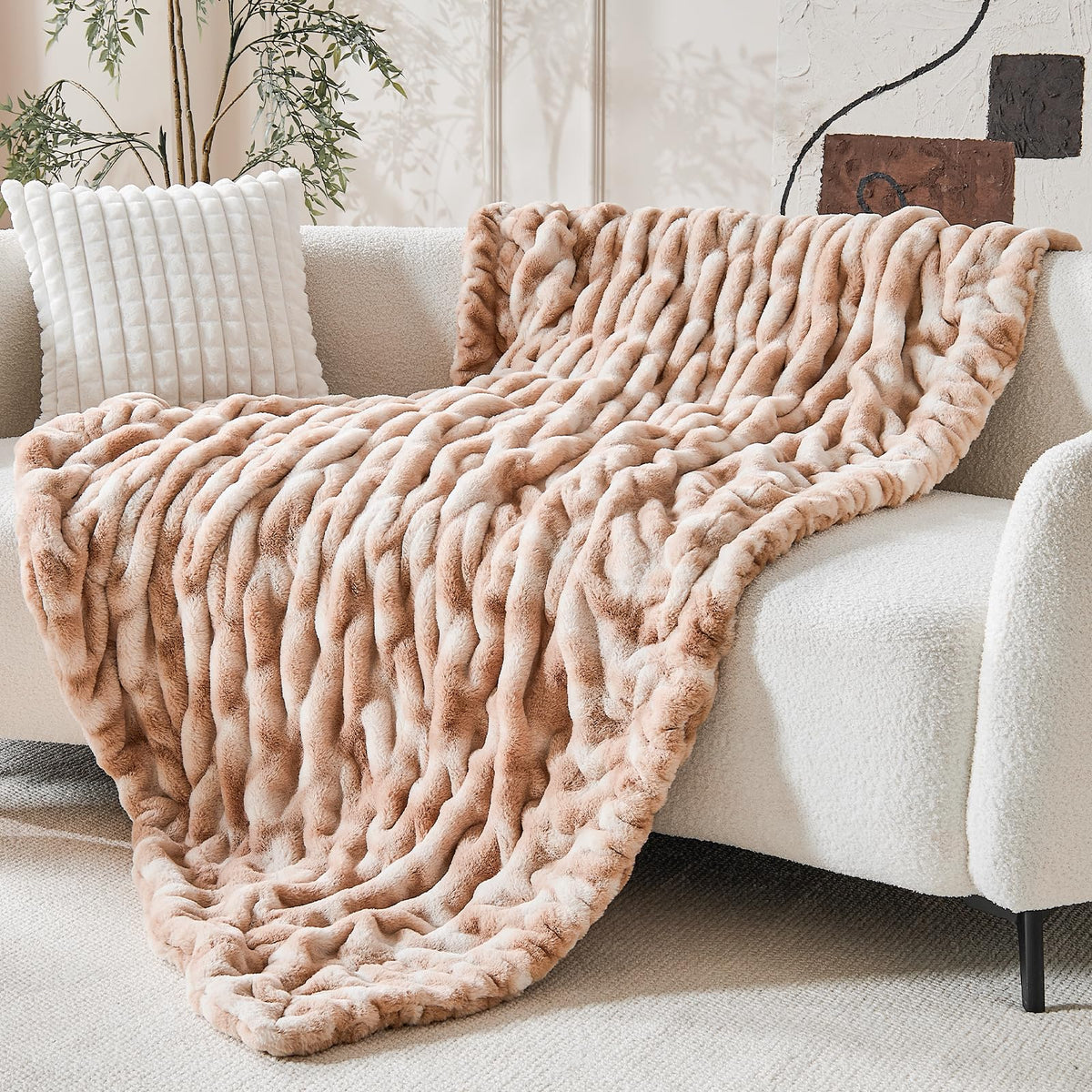 Double Sided Ruched Faux Rabbit Fur Throw Blanket,50x60 CaramelCream