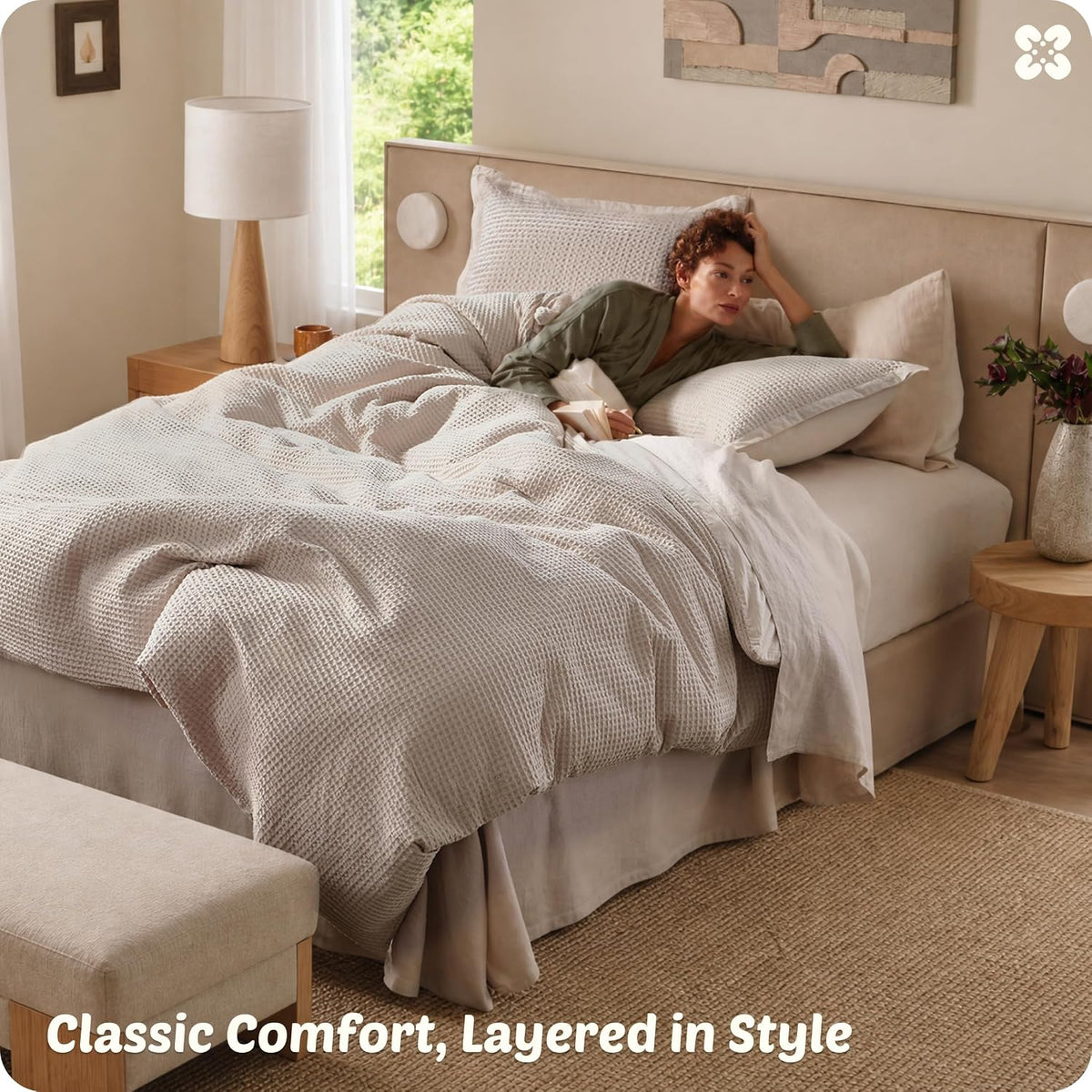 Bedsure PureWoven 3 Pieces 100% Cotton Waffle Duvet Cover Set, Queen, Linen