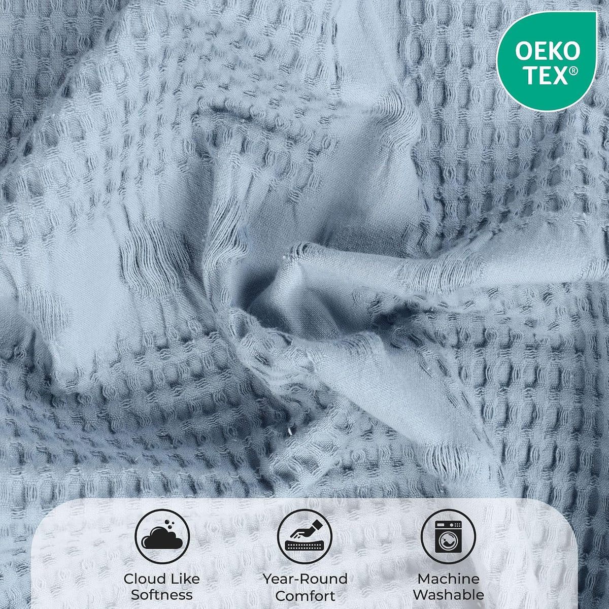 SUPERIOR Waffle Weave Cotton Blanket, Comfy Blanket for Bedroom Decor, Picnic, Beach, Traveling, Bedding Essentials, Bed Cover, Couch, Lounging, Geometric Design, Mai Collection, Twin, Light Blue