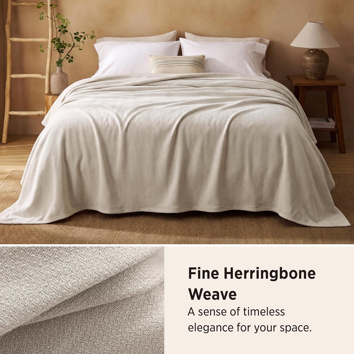 Bedsure 100% Cotton Blanket, Herringbone Weave, King, Linen Beige