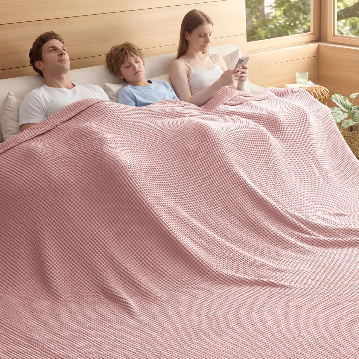 Bedsure Lightweight 100% Cotton Waffle Blanket, Throw XL, Linen