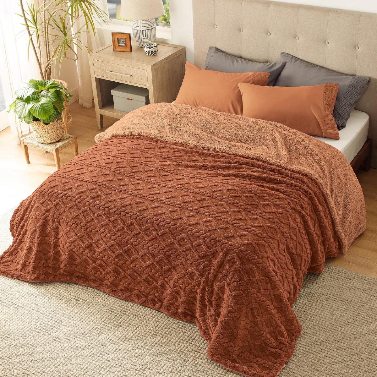 Bedsure Sherpa Fleece Blanket, Cable Jacquard Tufted, Warm, Throw, Grey