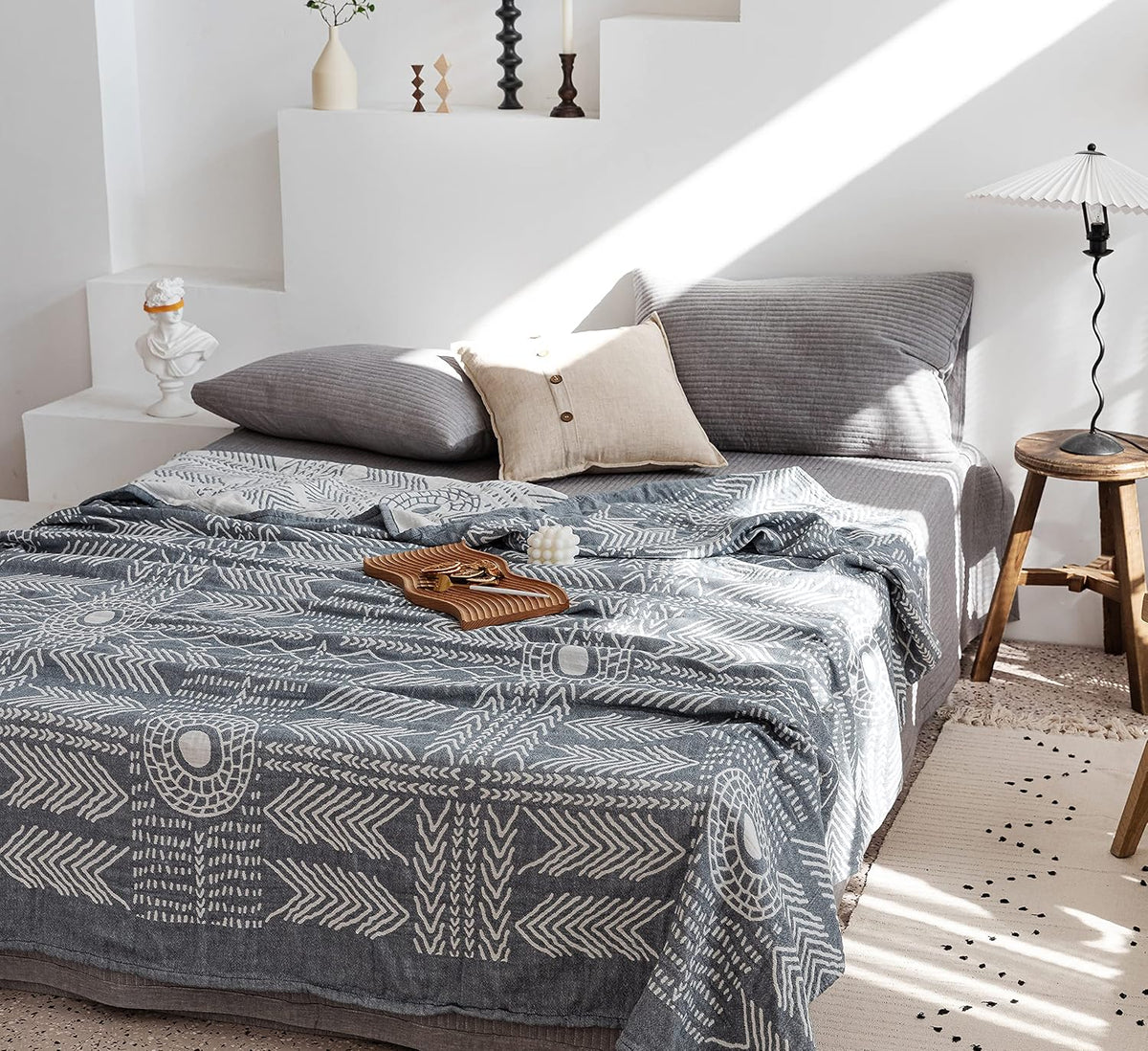 MEJU Indian Boho Muslin Lightweight Summer Blanket for Bed Sofa Couch, 100% Combed Cotton 3 Layer Soft Warm Quick Dry Throw Blanket Bed Coverlet Sheet (Boho, Twin 60 in X 80 in