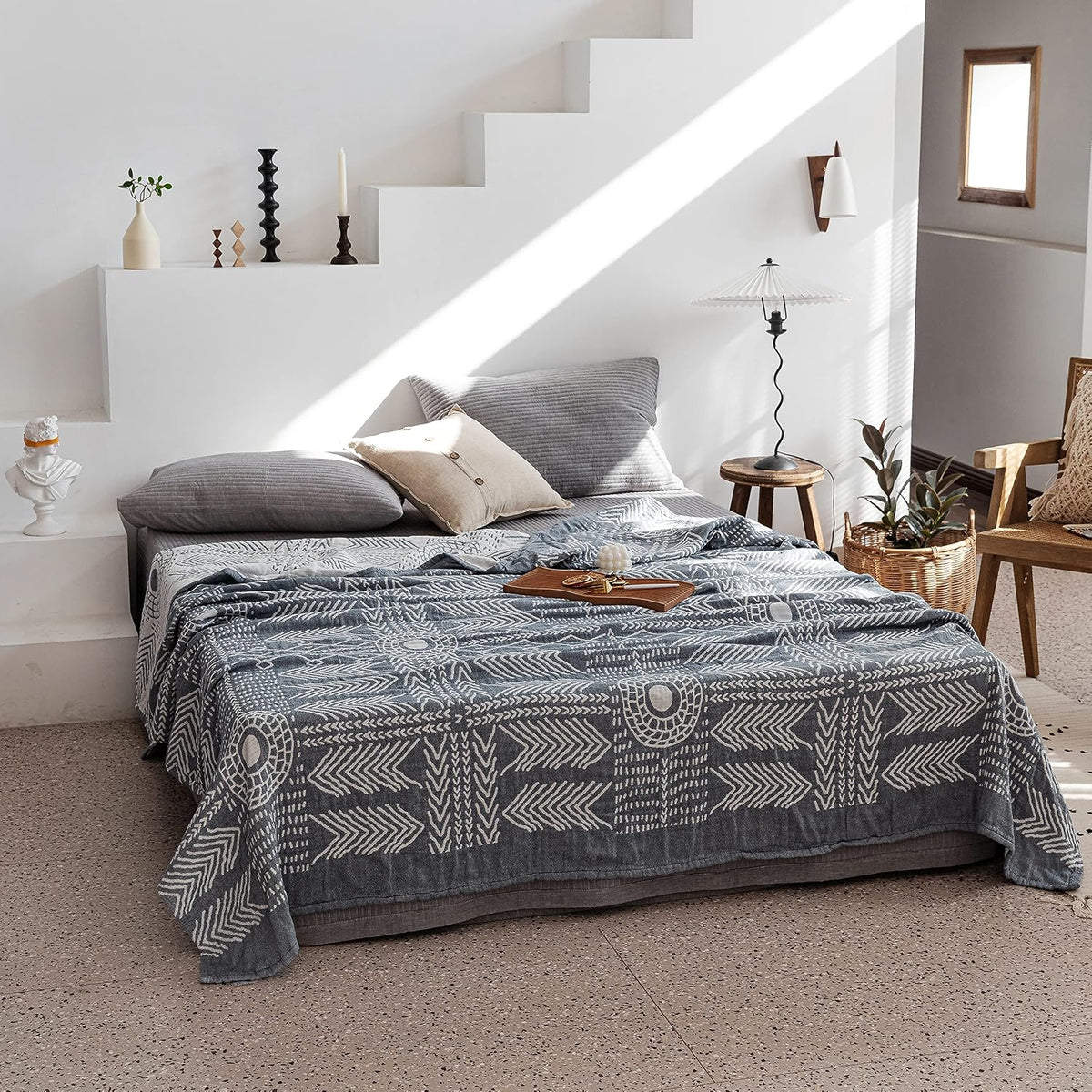 MEJU Indian Boho Muslin Lightweight Summer Blanket for Bed Sofa Couch, 100% Combed Cotton 3 Layer Soft Warm Quick Dry Throw Blanket Bed Coverlet Sheet (Boho, Twin 60 in X 80 in