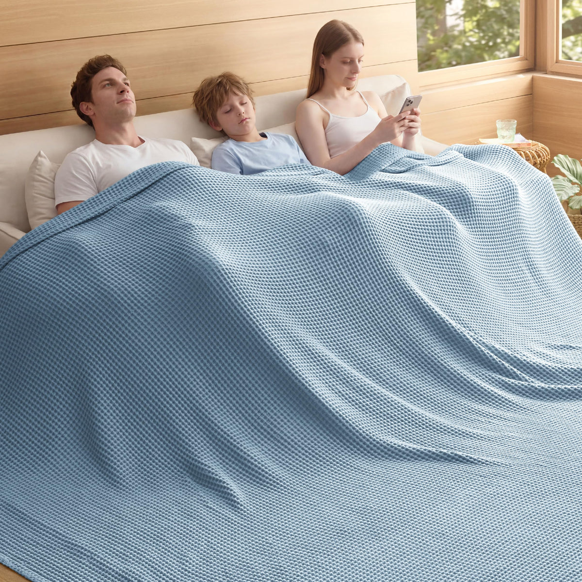 Bedsure Lightweight 100% Cotton Waffle Blanket, Throw XL, Linen